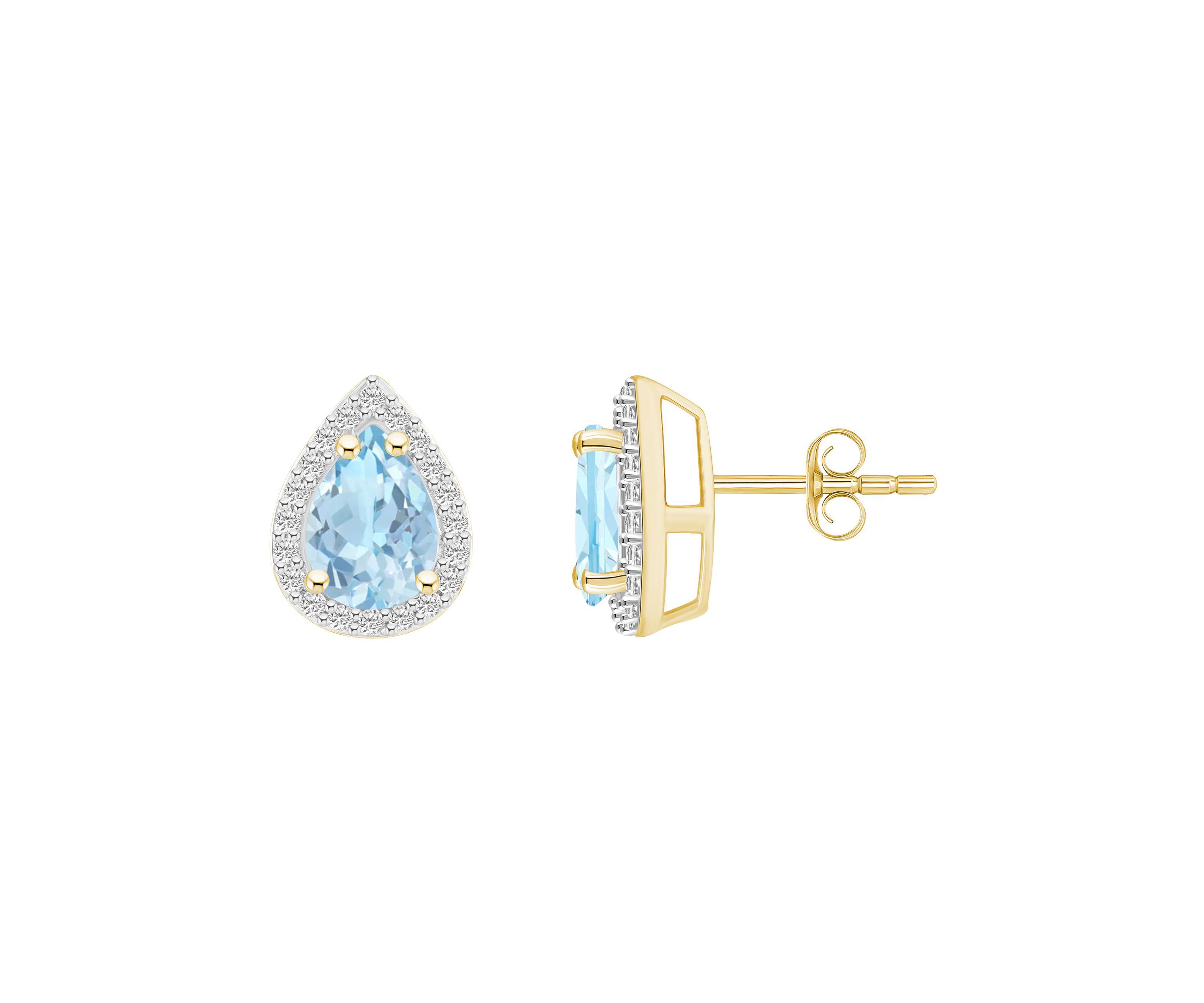 Lab Created 10K Yellow Gold 7x5mm Pear Shape Simulated Aquamarine And Created White Sapphire Halo Stud Earrings