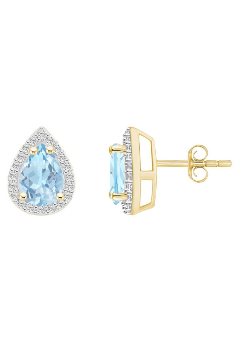 Lab Created 10K Yellow Gold 7x5mm Pear Shape Simulated Aquamarine And Created White Sapphire Halo Stud Earrings