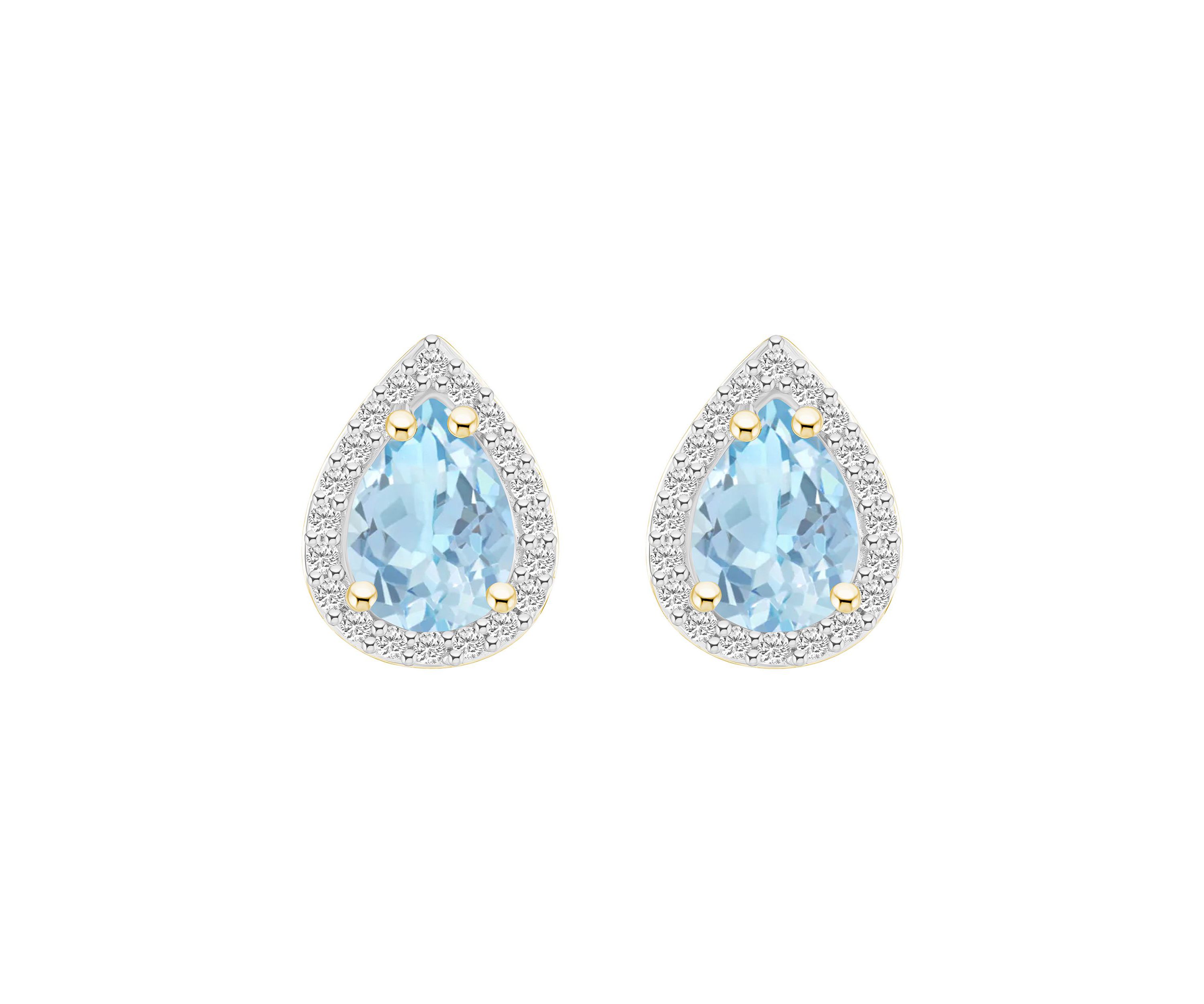 Lab Created 10K Yellow Gold 7x5mm Pear Shape Simulated Aquamarine And Created White Sapphire Halo Stud Earrings