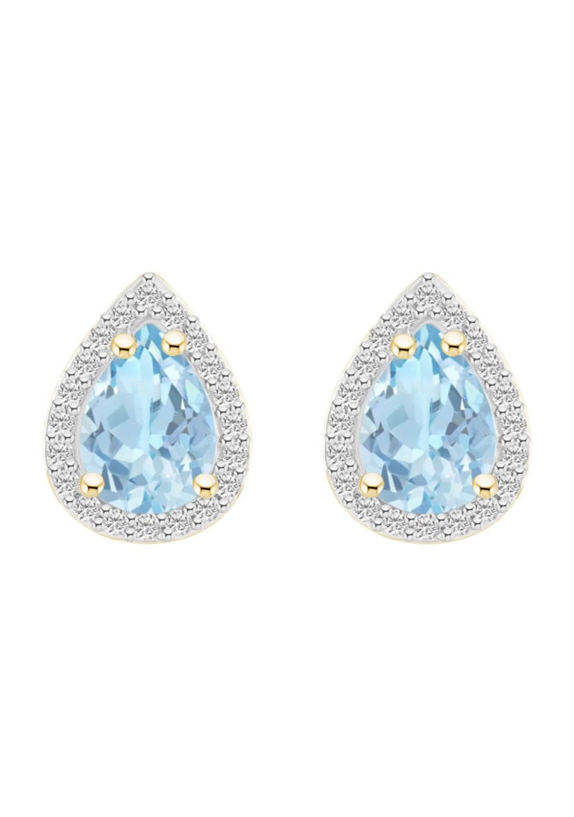 Lab Created 10K Yellow Gold 7x5mm Pear Shape Simulated Aquamarine And Created White Sapphire Halo Stud Earrings