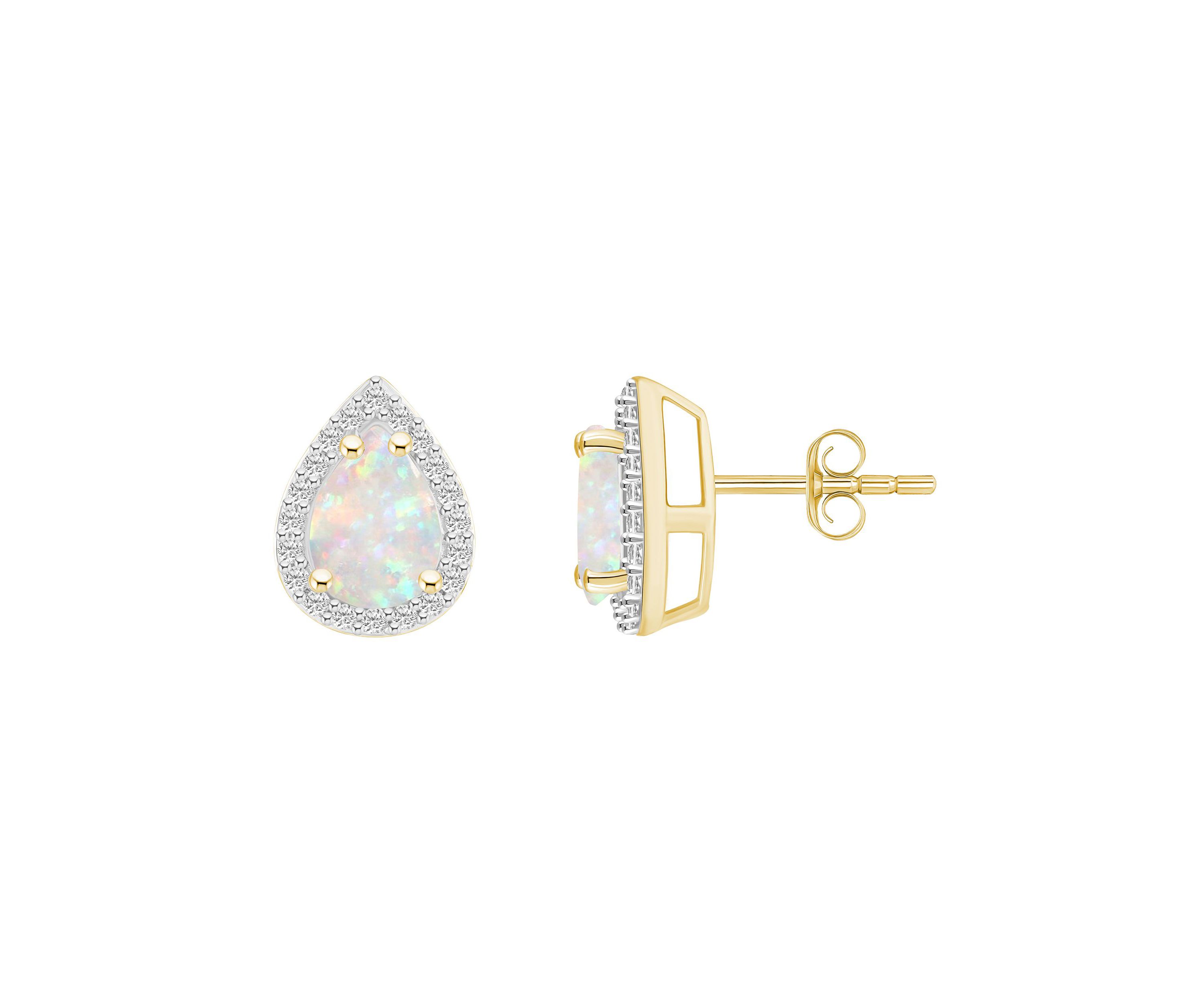 Lab Created 10K Yellow Gold 7x5mm Pear Shape Created Opal And Created White Sapphire Halo Stud Earrings