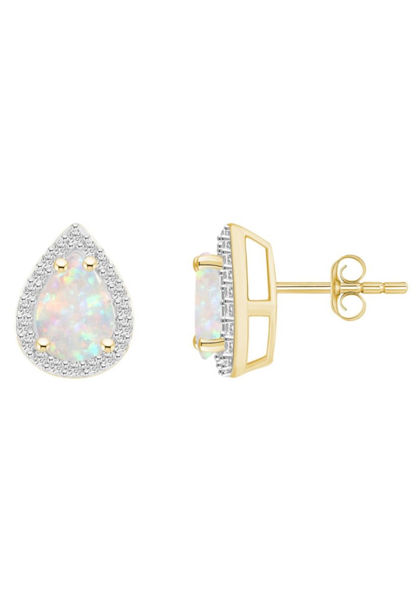Lab Created 10K Yellow Gold 7x5mm Pear Shape Created Opal And Created White Sapphire Halo Stud Earrings
