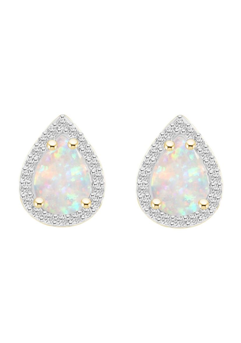 Lab Created 10K Yellow Gold 7x5mm Pear Shape Created Opal And Created White Sapphire Halo Stud Earrings
