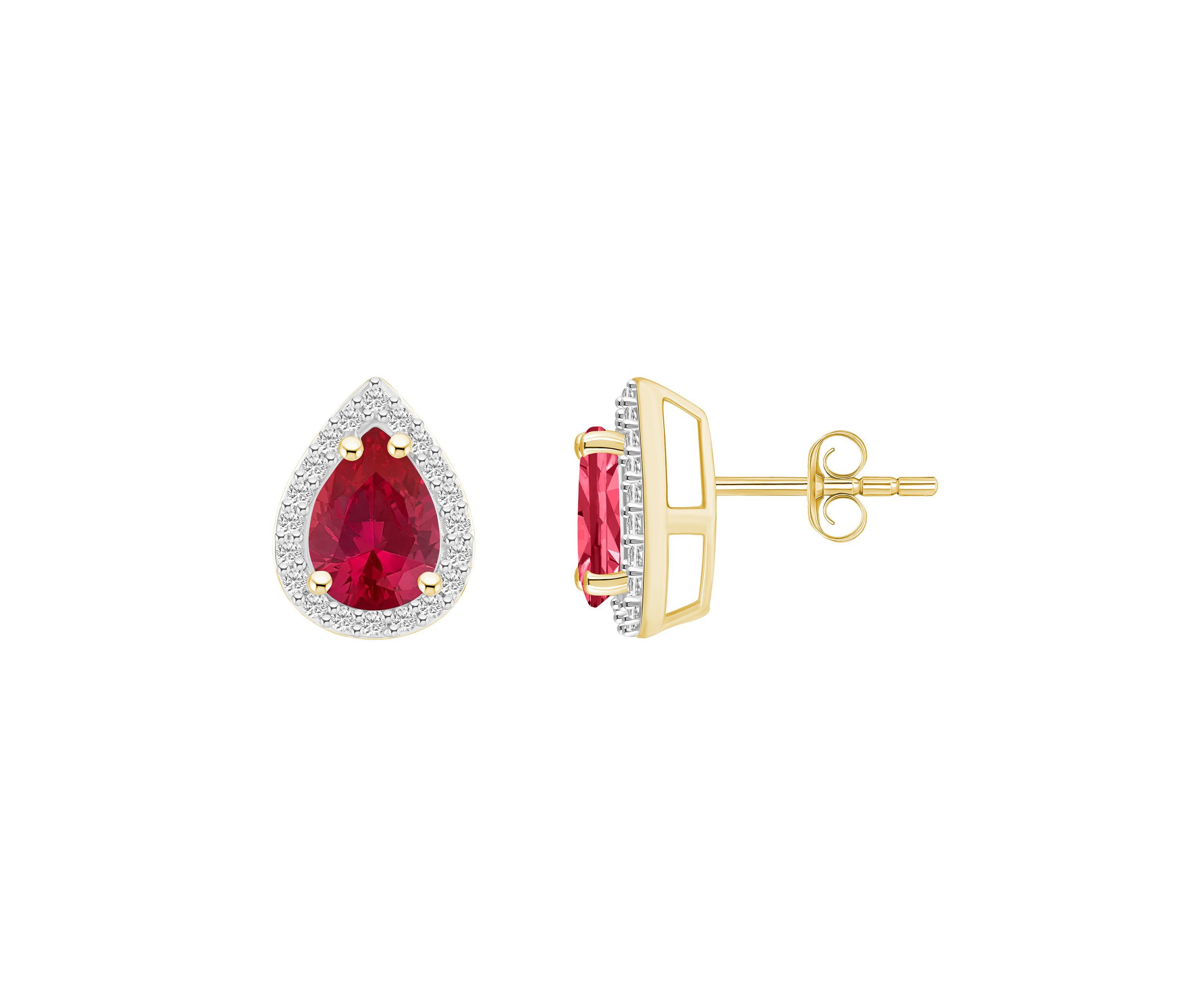 Lab Created 10K Yellow Gold 7x5mm Pear Shape Created Ruby And Created White Sapphire Halo Stud Earrings