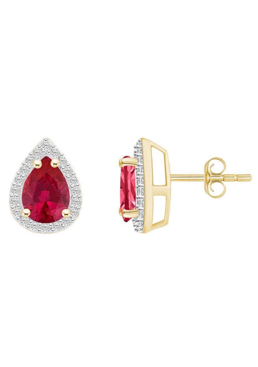Lab Created 10K Yellow Gold 7x5mm Pear Shape Created Ruby And Created White Sapphire Halo Stud Earrings