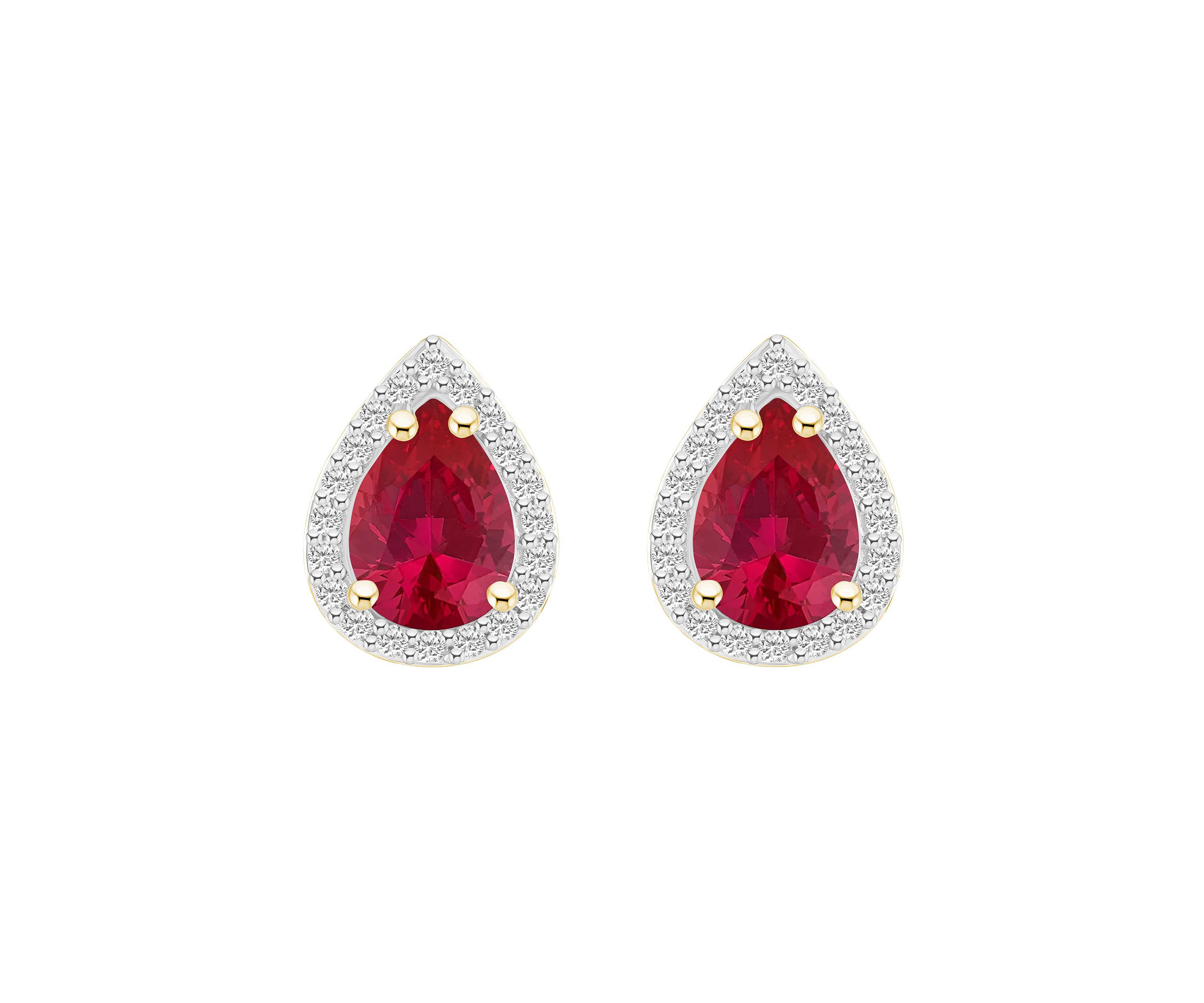 Lab Created 10K Yellow Gold 7x5mm Pear Shape Created Ruby And Created White Sapphire Halo Stud Earrings