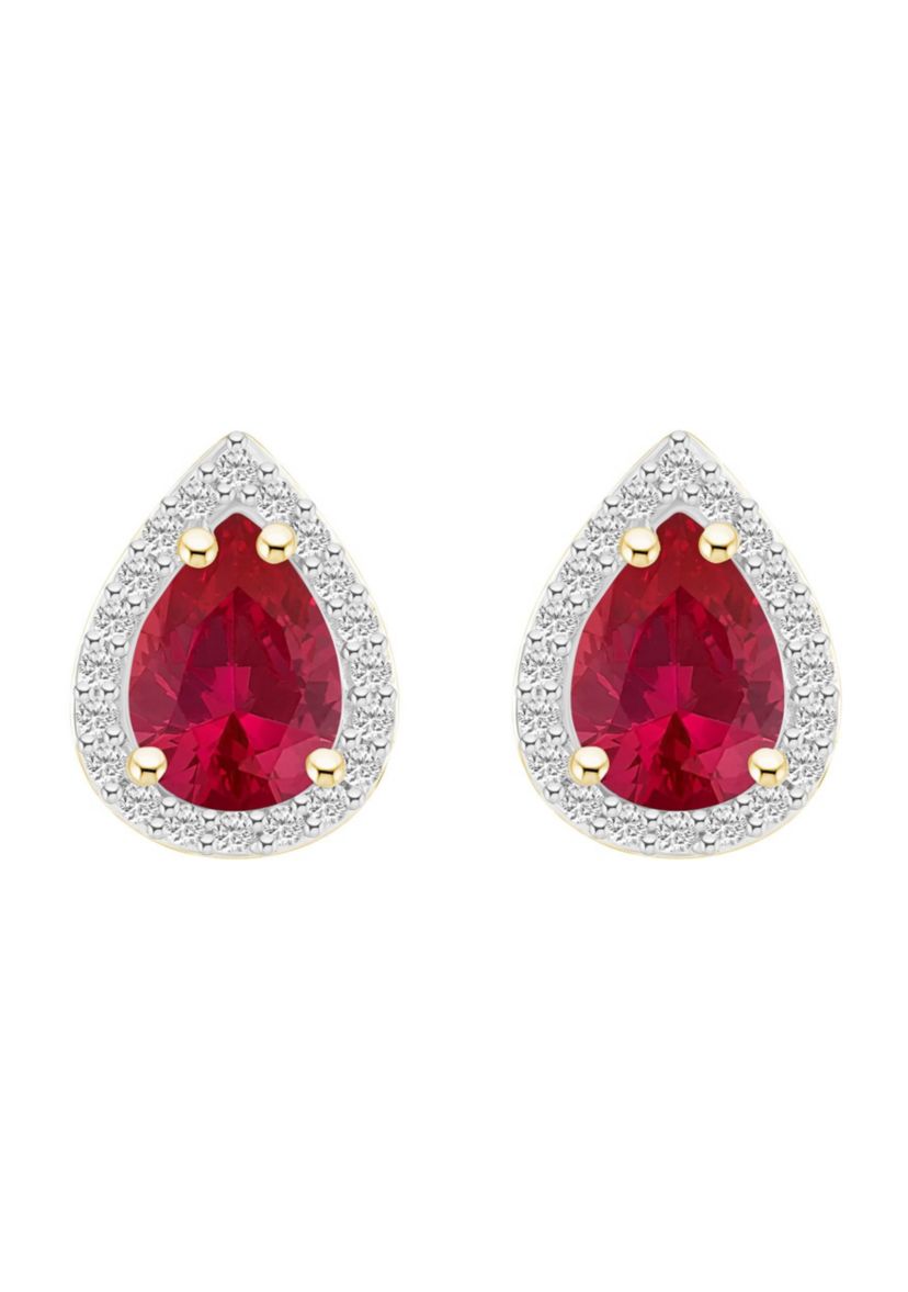 Lab Created 10K Yellow Gold 7x5mm Pear Shape Created Ruby And Created White Sapphire Halo Stud Earrings