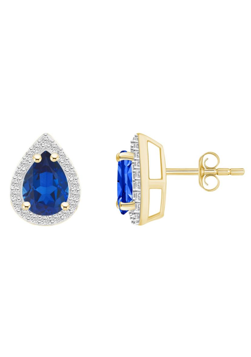 Lab Created 10K Yellow Gold 7x5mm Pear Shape Created Sapphire And Created White Sapphire Halo Stud Earrings