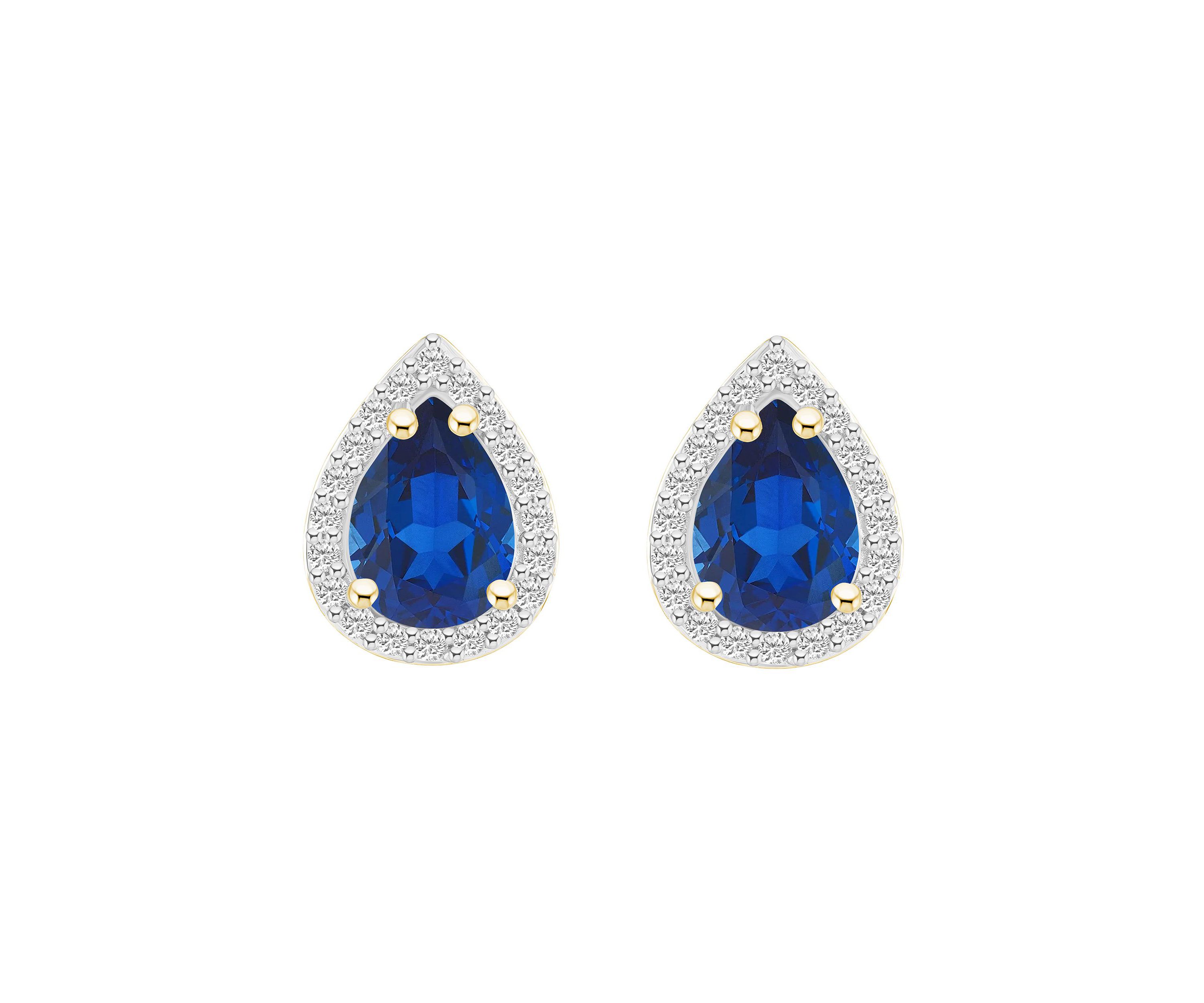 Lab Created 10K Yellow Gold 7x5mm Pear Shape Created Sapphire And Created White Sapphire Halo Stud Earrings