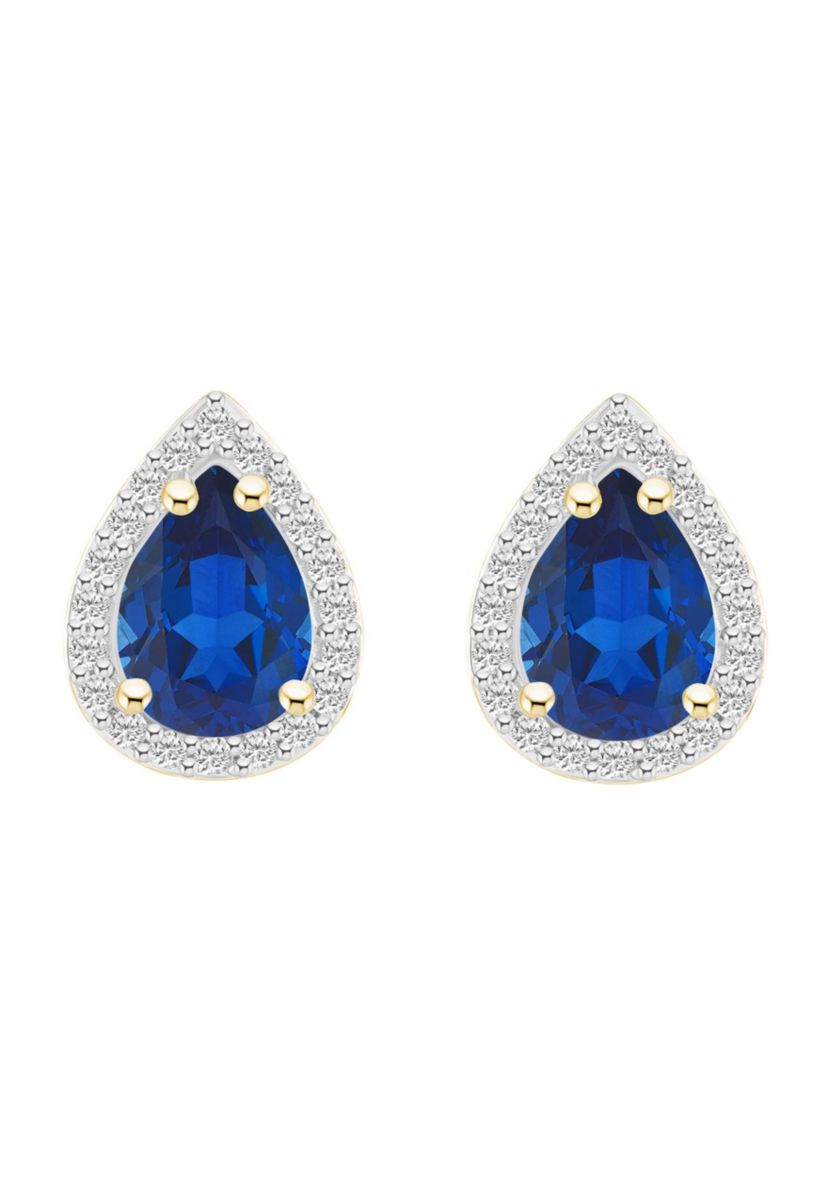 Lab Created 10K Yellow Gold 7x5mm Pear Shape Created Sapphire And Created White Sapphire Halo Stud Earrings