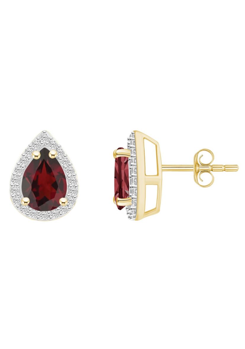 10K Yellow Gold 7x5mm Pear Shape Garnet And Created White Sapphire Halo Stud Earrings
