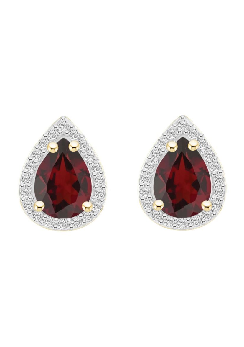 10K Yellow Gold 7x5mm Pear Shape Garnet And Created White Sapphire Halo Stud Earrings