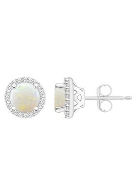 Belk & Co Sterling Silver 6mm Round Opal 1/5 CTTW Diamond Halo Stud Earrings -  0888836424272