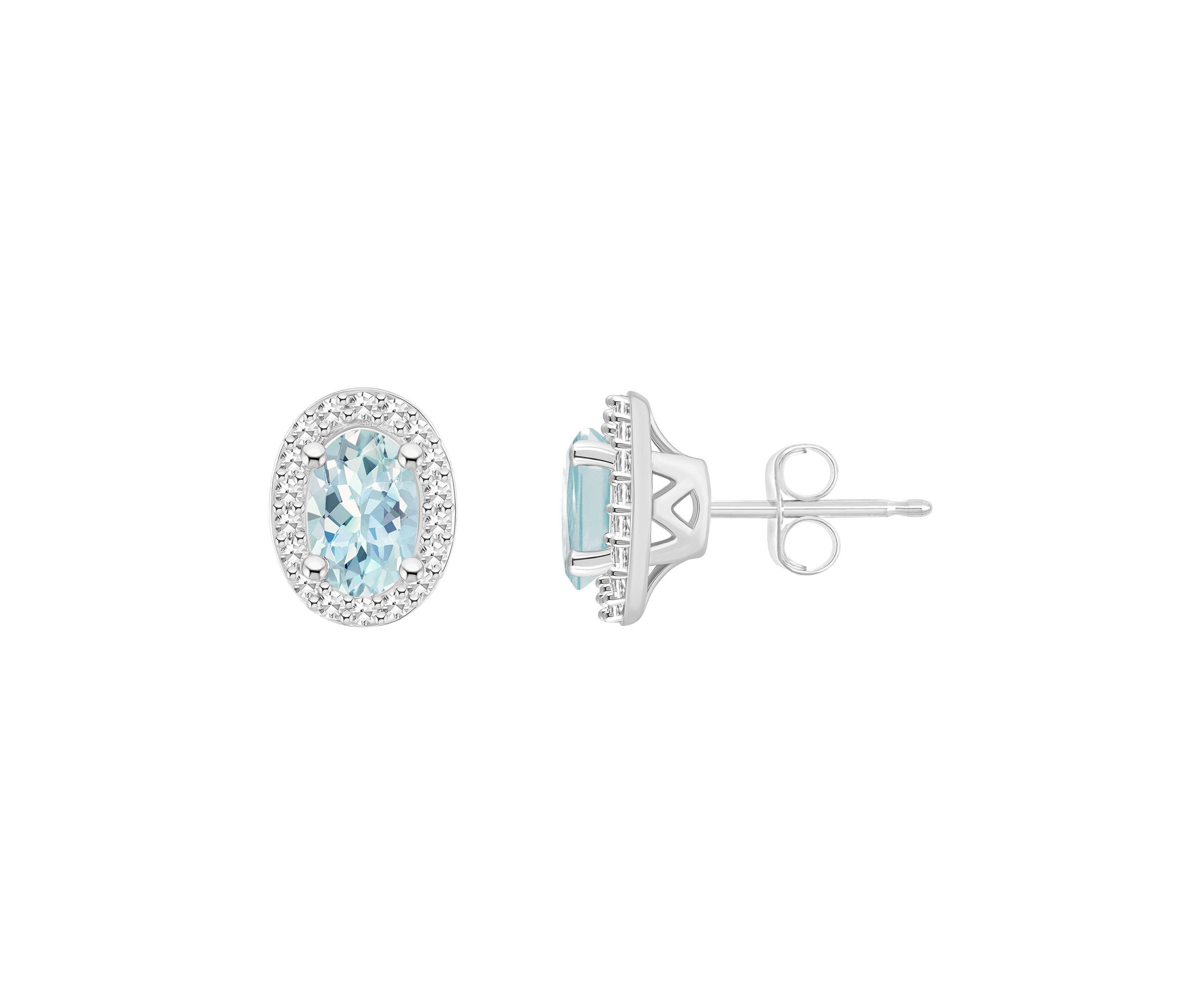 Sterling Silver 6x4mm Oval Aquamarine 1/5 CTTW Diamond Halo Stud Earrings
