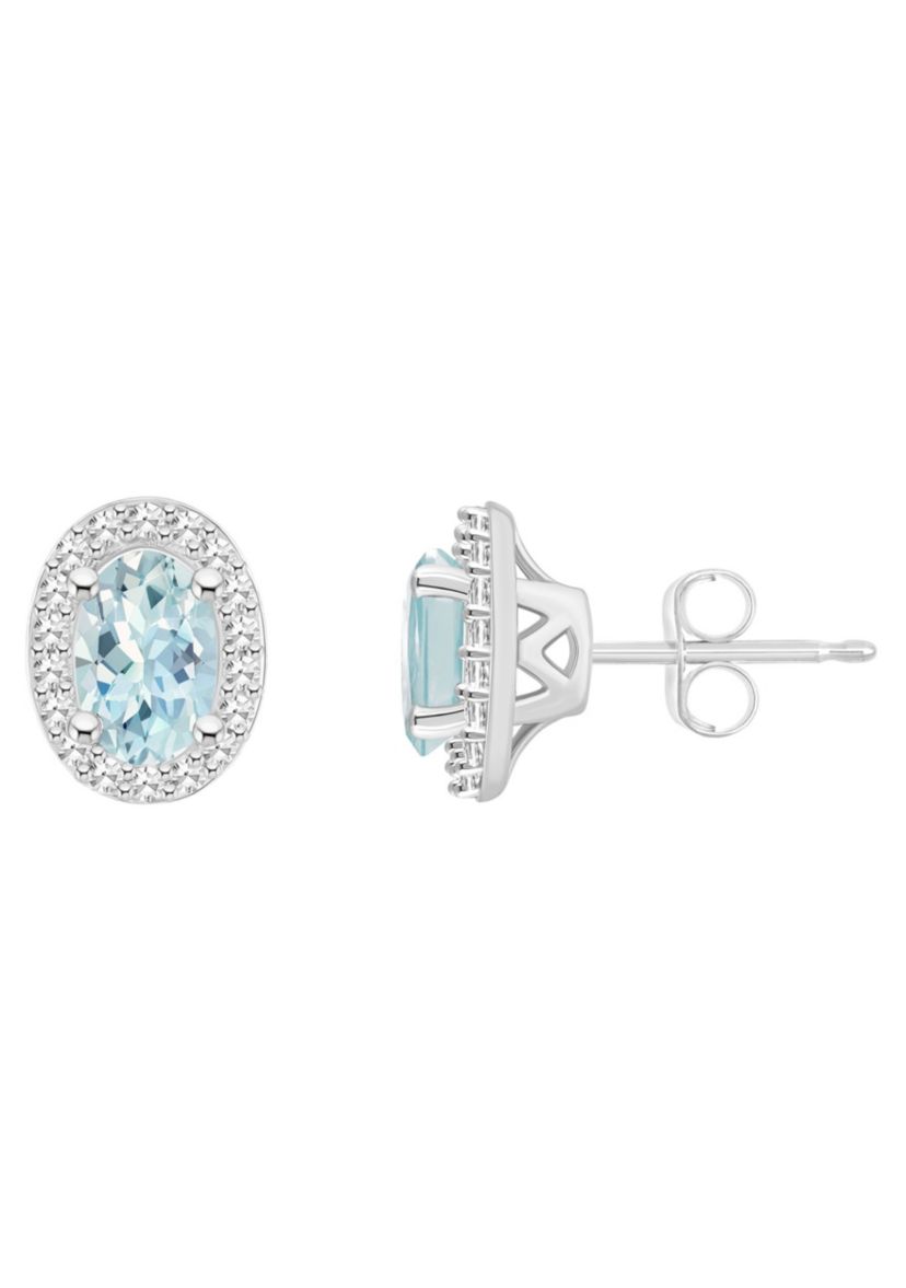 Sterling Silver 6x4mm Oval Aquamarine 1/5 CTTW Diamond Halo Stud Earrings