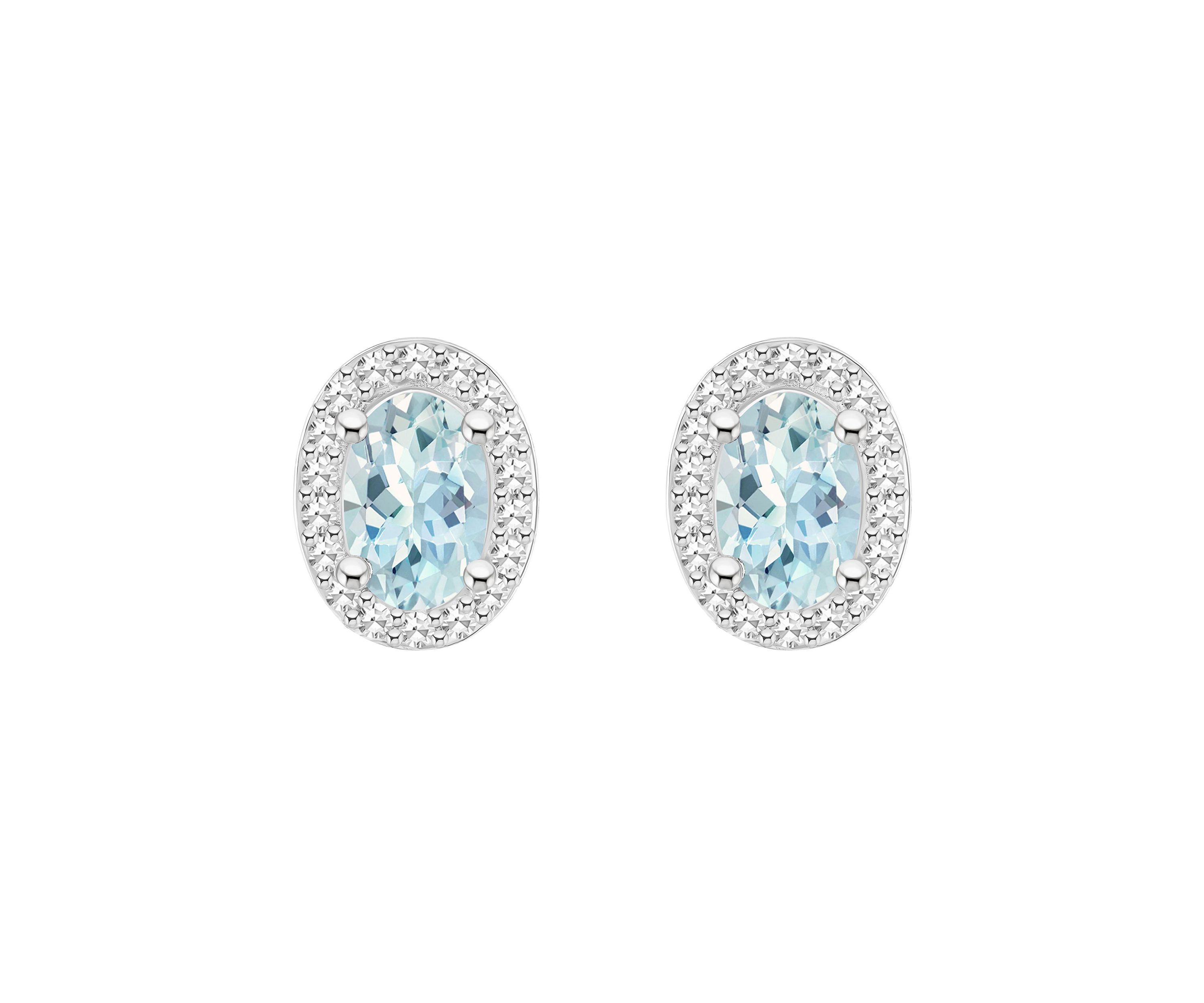 Sterling Silver 6x4mm Oval Aquamarine 1/5 CTTW Diamond Halo Stud Earrings