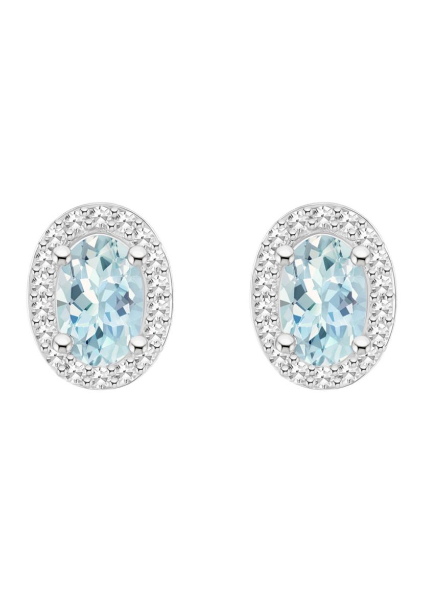 Sterling Silver 6x4mm Oval Aquamarine 1/5 CTTW Diamond Halo Stud Earrings