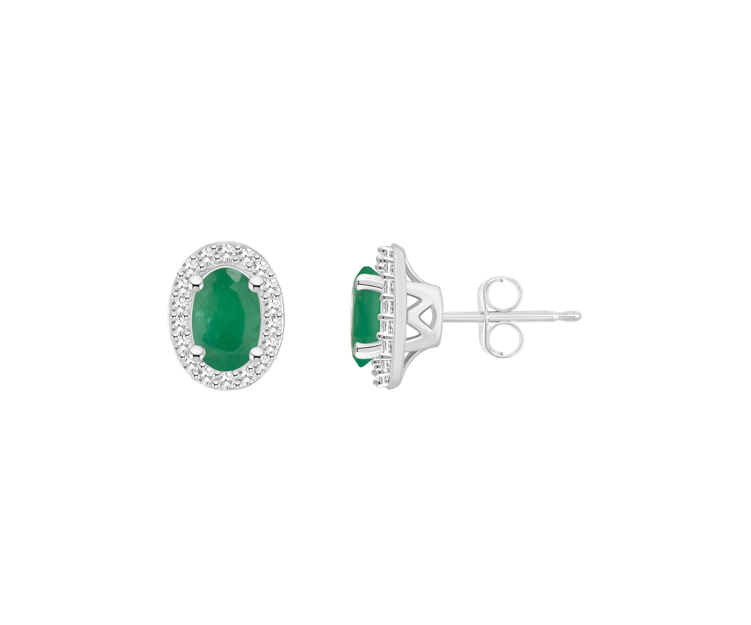 Sterling Silver 6x4mm Oval Emerald 1/5 CTTW Diamond Halo Stud Earrings