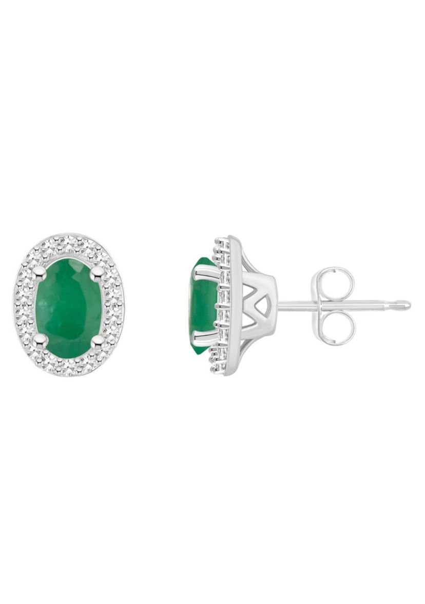 Sterling Silver 6x4mm Oval Emerald 1/5 CTTW Diamond Halo Stud Earrings
