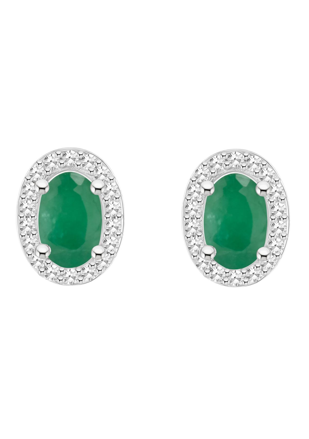 Sterling Silver 6x4mm Oval Emerald 1/5 CTTW Diamond Halo Stud Earrings