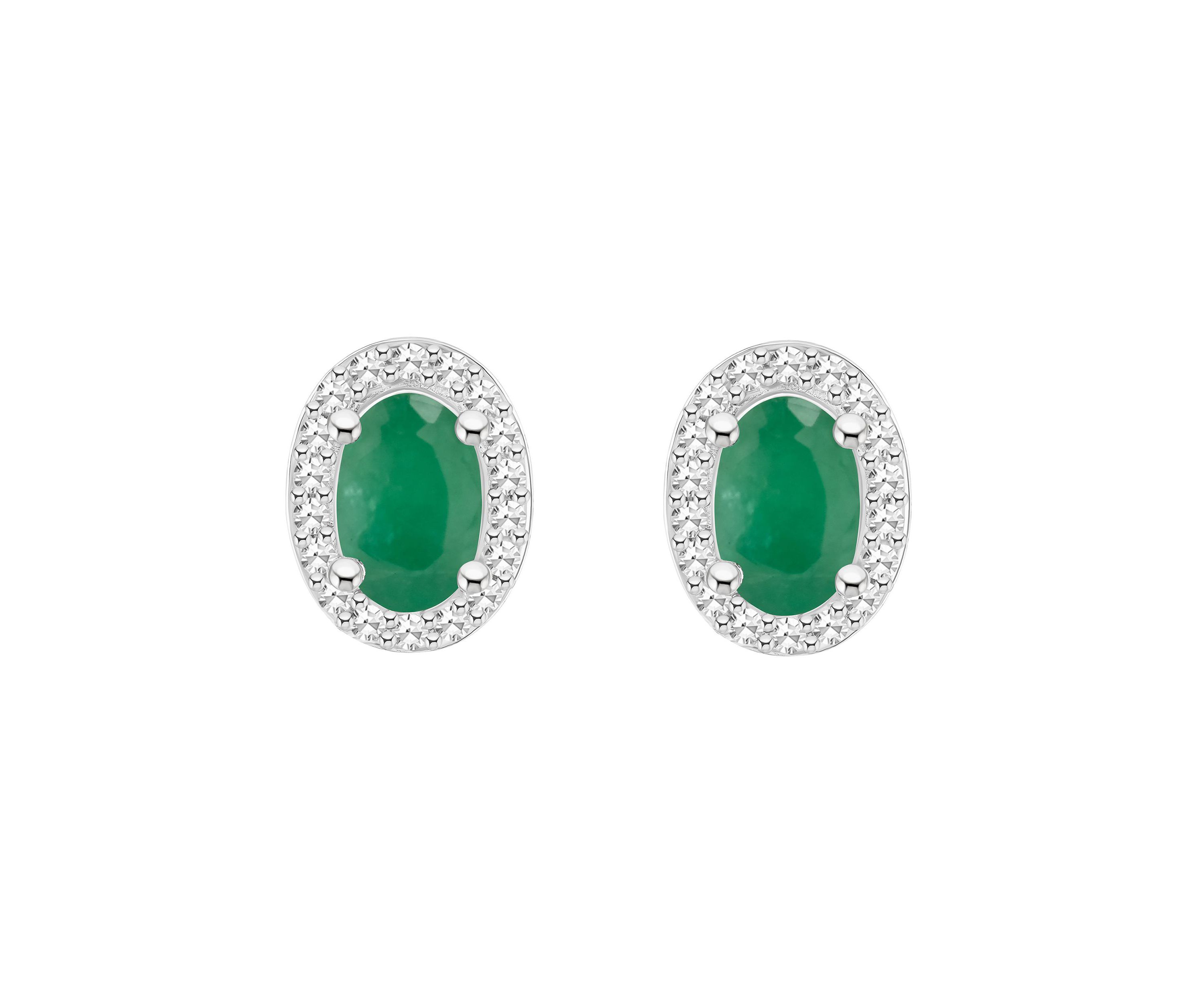 Sterling Silver 6x4mm Oval Emerald 1/5 CTTW Diamond Halo Stud Earrings