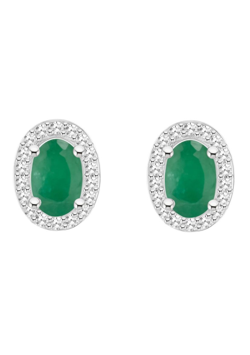 Sterling Silver 6x4mm Oval Emerald 1/5 CTTW Diamond Halo Stud Earrings