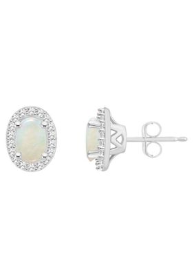 Belk & Co Sterling Silver 6x4mm Oval Opal 1/5 CTTW Diamond Halo Stud Earrings -  0888836424388