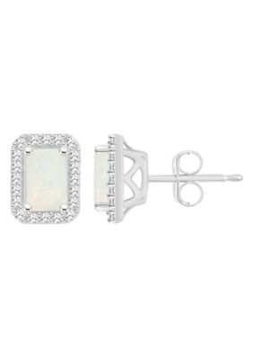 Belk & Co Sterling Silver 6x4mm Emerald Cut Opal 1/5 CTTW Diamond Halo Stud Earrings -  0888836424487