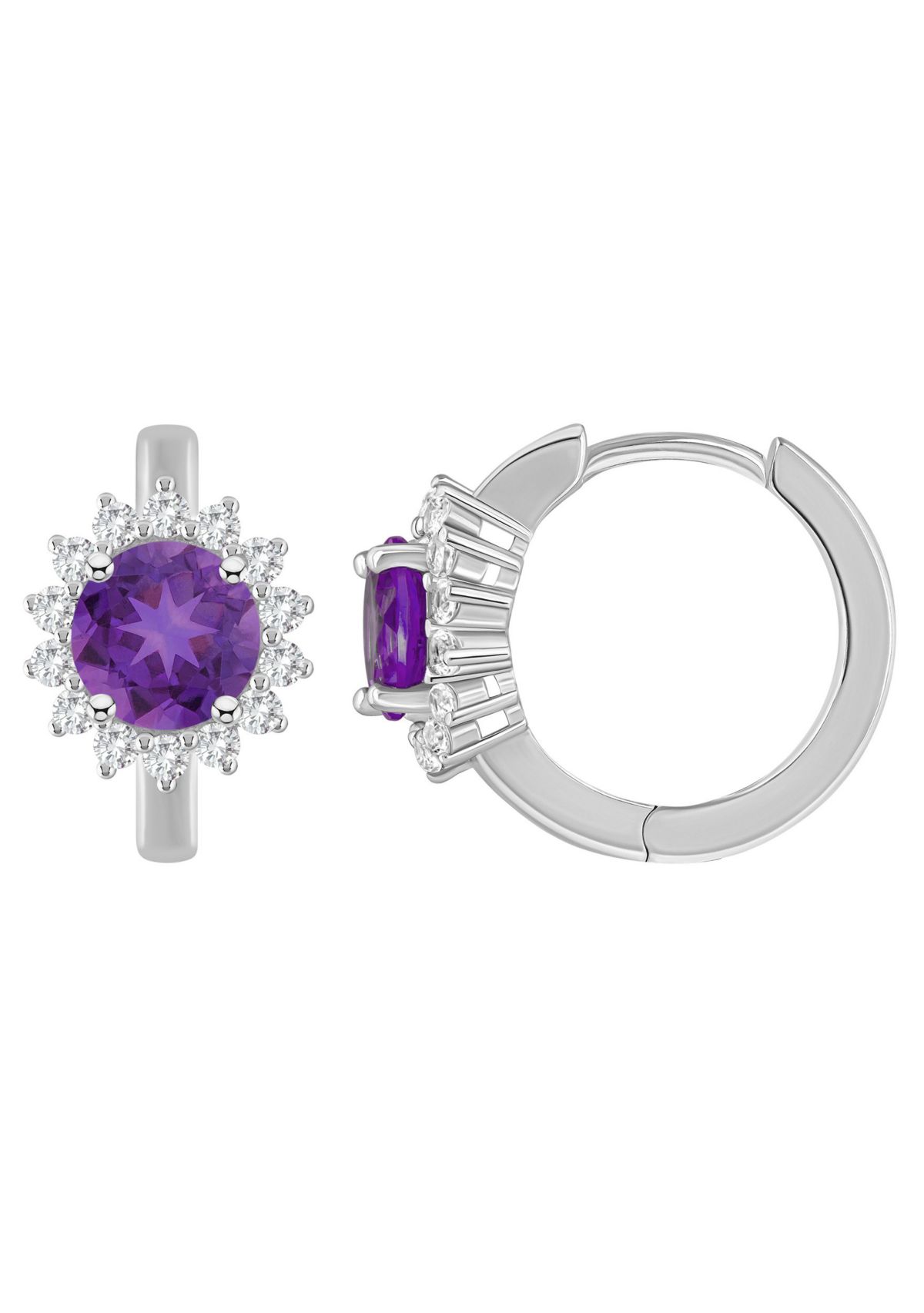 Sterling Silver 6mm Round Amethyst and White Topaz Halo Huggie Hoop Earrings