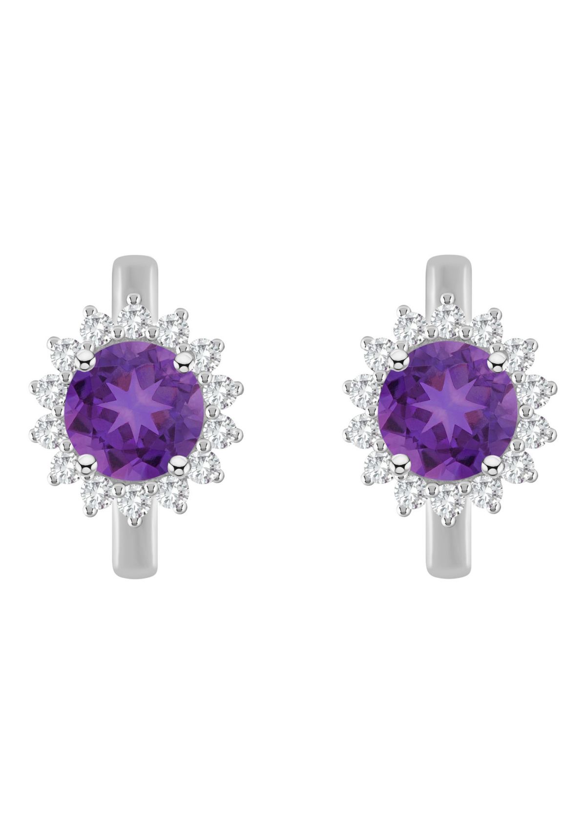 Sterling Silver 6mm Round Amethyst and White Topaz Halo Huggie Hoop Earrings