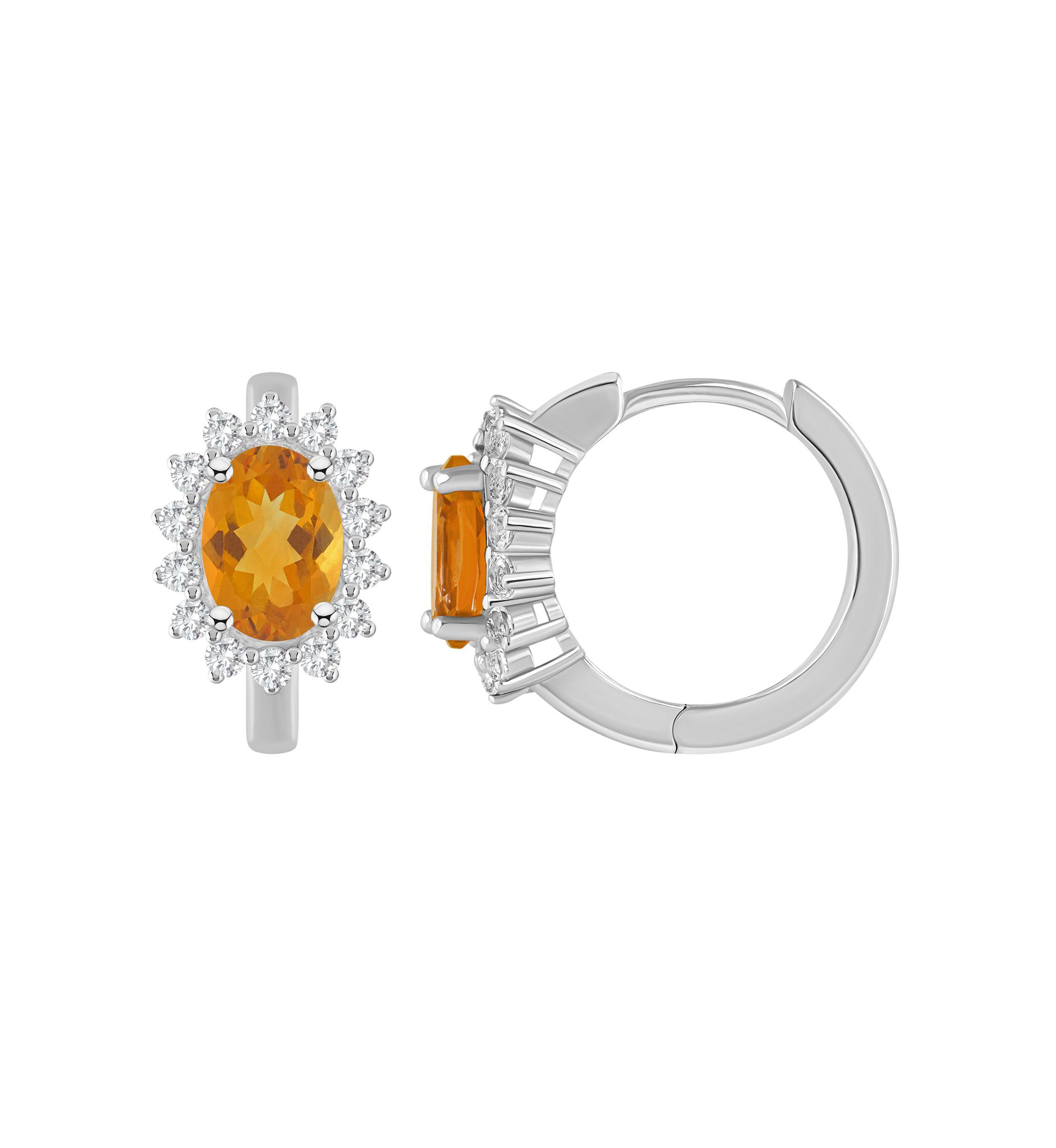 Sterling Silver 7x5mm Oval Citrine and White Topaz Halo Huggie Hoop Earrings
