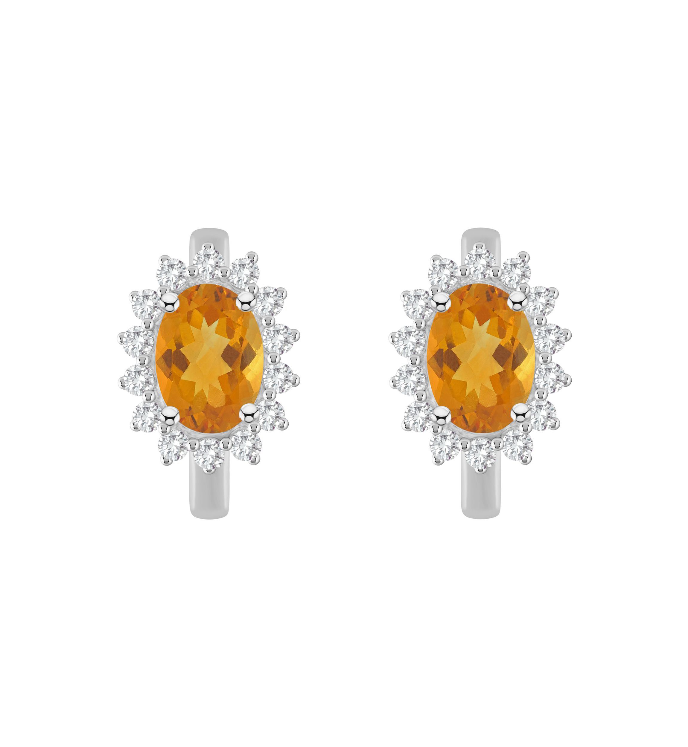 Sterling Silver 7x5mm Oval Citrine and White Topaz Halo Huggie Hoop Earrings