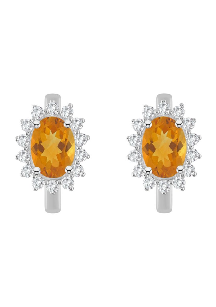 Sterling Silver 7x5mm Oval Citrine and White Topaz Halo Huggie Hoop Earrings