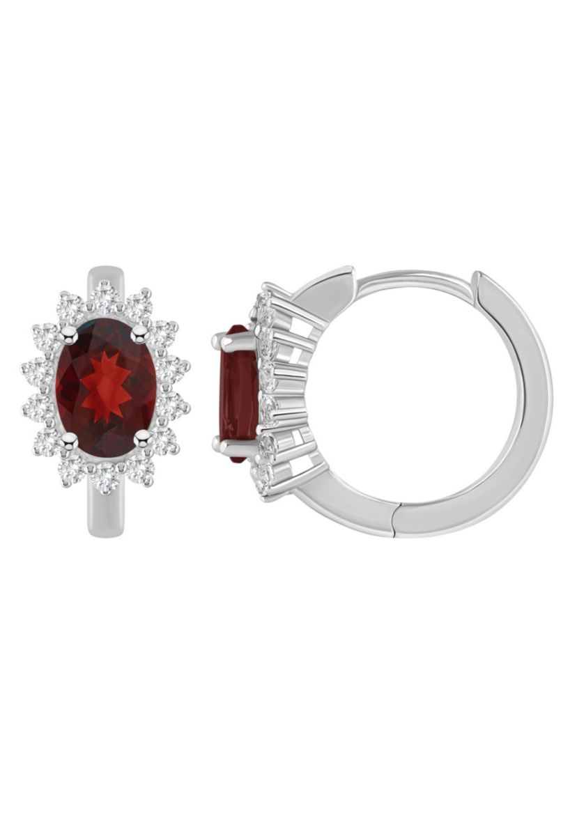 Sterling Silver 7x5mm Oval Garnet and White Topaz Halo Huggie Hoop Earrings