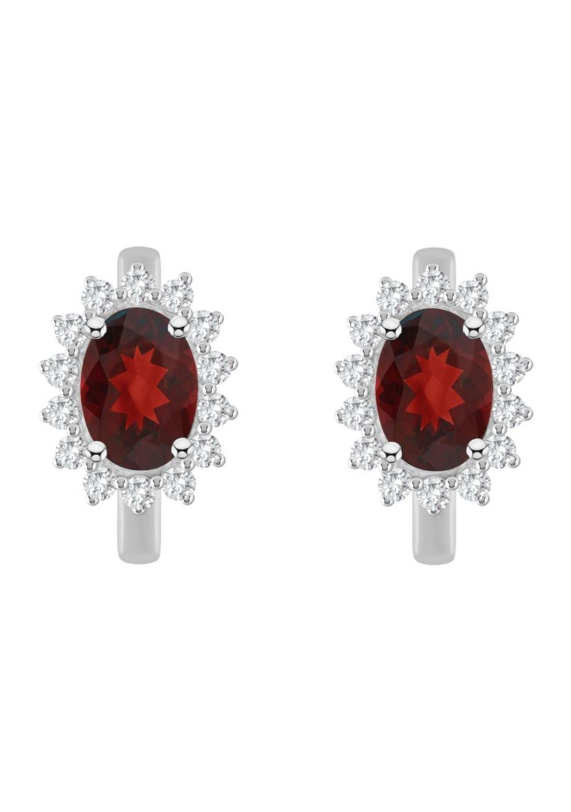 Sterling Silver 7x5mm Oval Garnet and White Topaz Halo Huggie Hoop Earrings