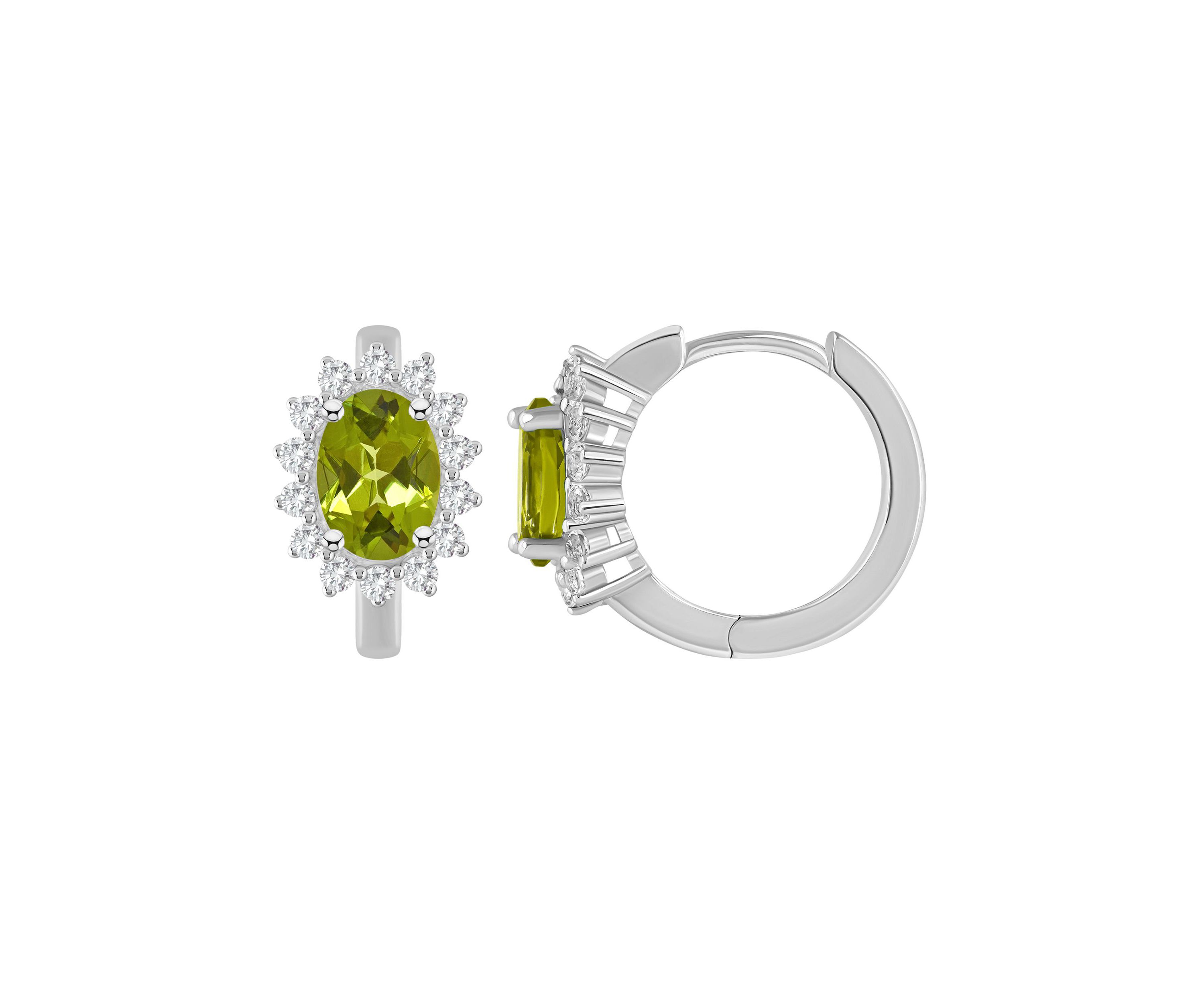Sterling Silver 7x5mm Oval Peridot and White Topaz Halo Huggie Hoop Earrings