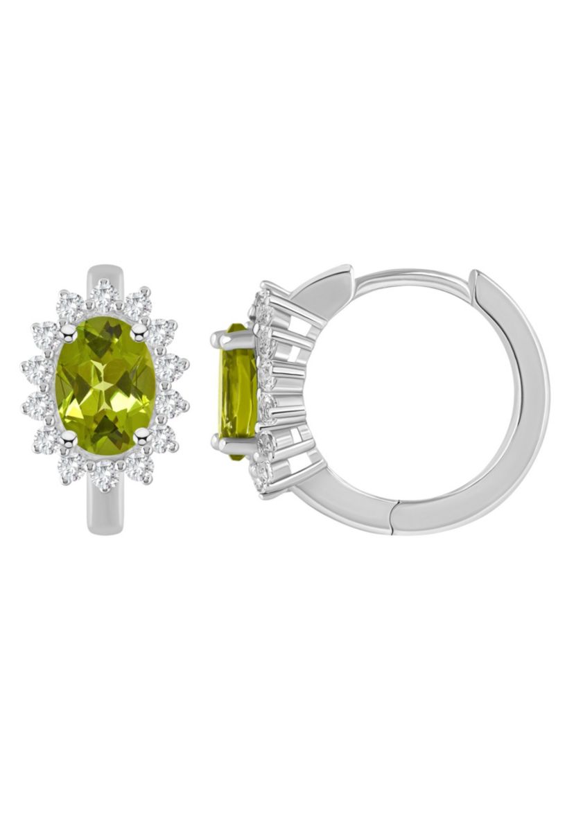 Sterling Silver 7x5mm Oval Peridot and White Topaz Halo Huggie Hoop Earrings