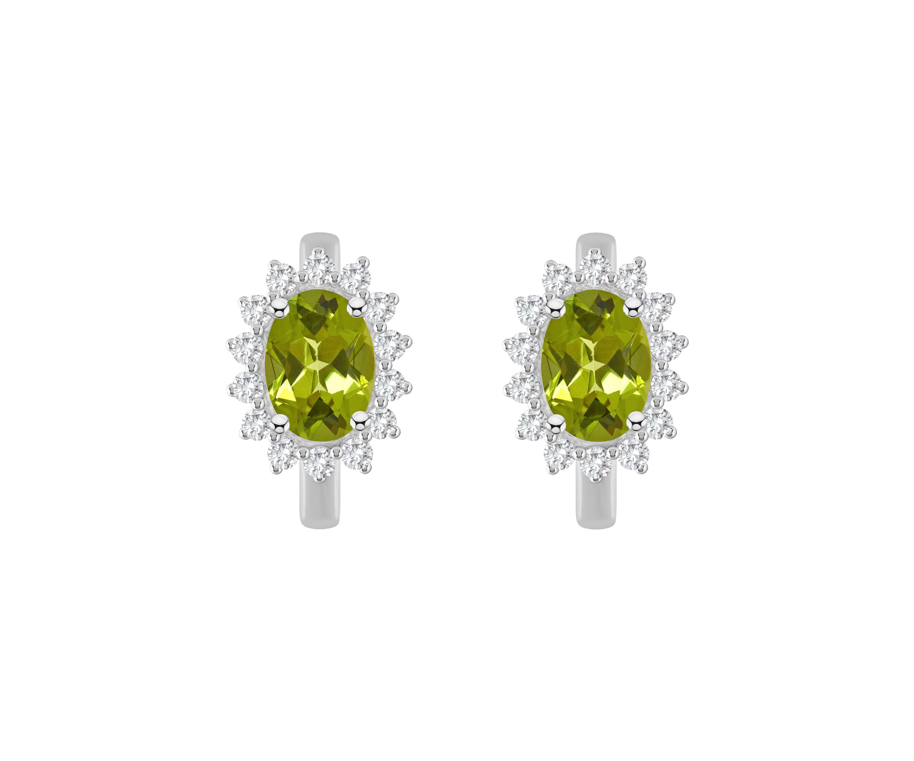 Sterling Silver 7x5mm Oval Peridot and White Topaz Halo Huggie Hoop Earrings