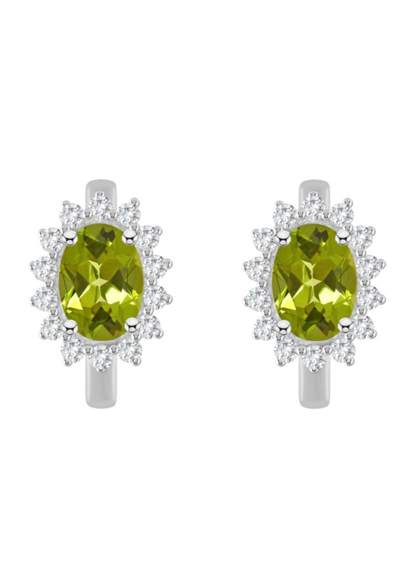 Sterling Silver 7x5mm Oval Peridot and White Topaz Halo Huggie Hoop Earrings