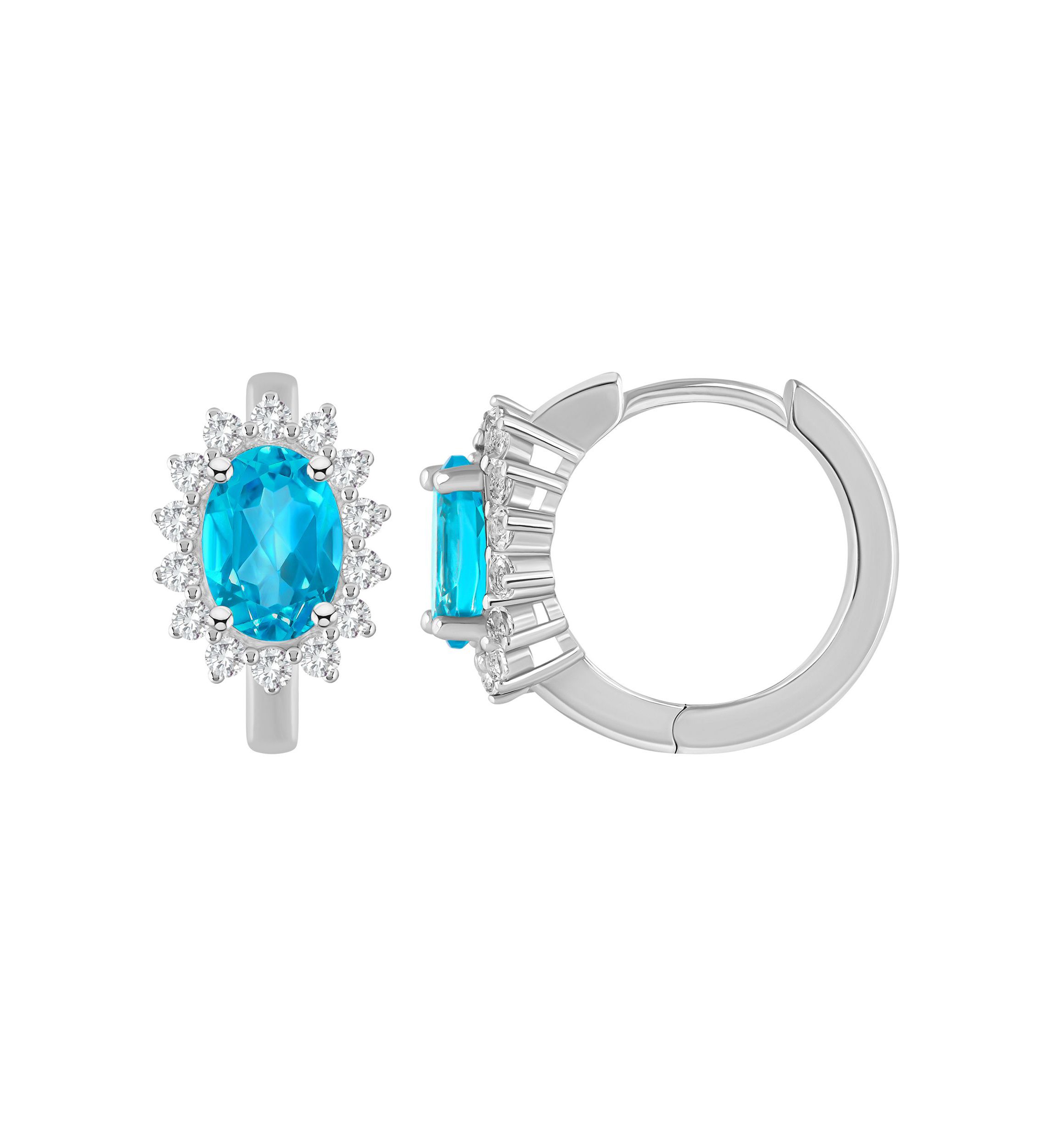 Sterling Silver 7x5mm Oval Blue Topaz and White Topaz Halo Huggie Hoop Earrings