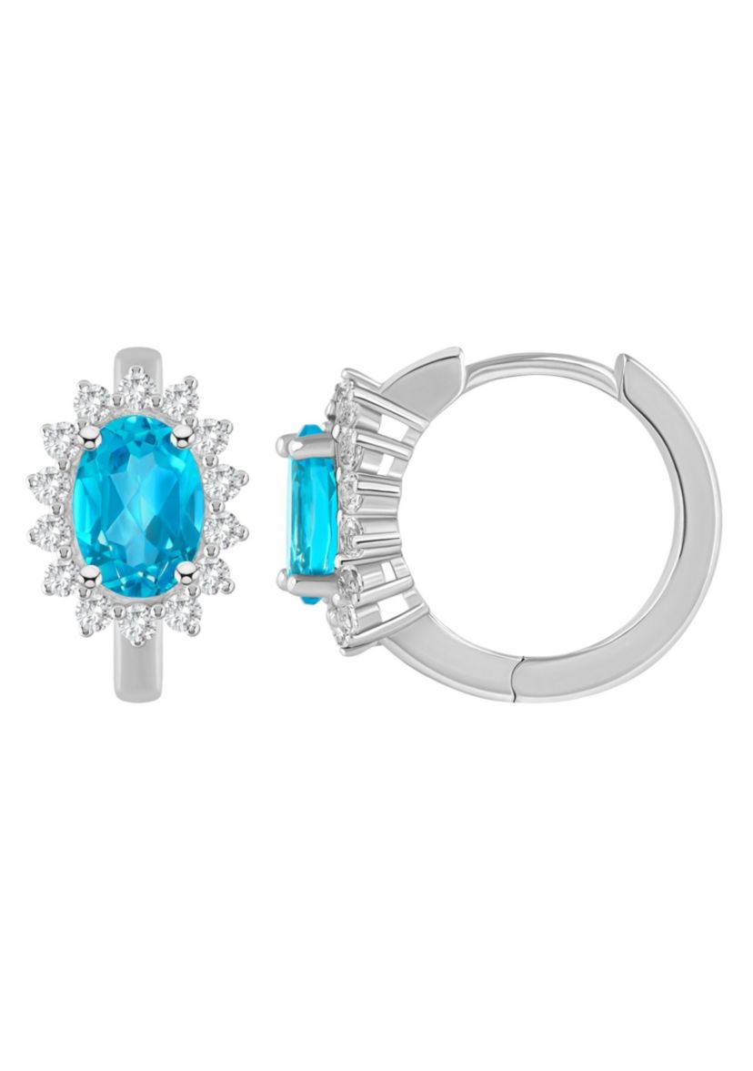 Sterling Silver 7x5mm Oval Blue Topaz and White Topaz Halo Huggie Hoop Earrings
