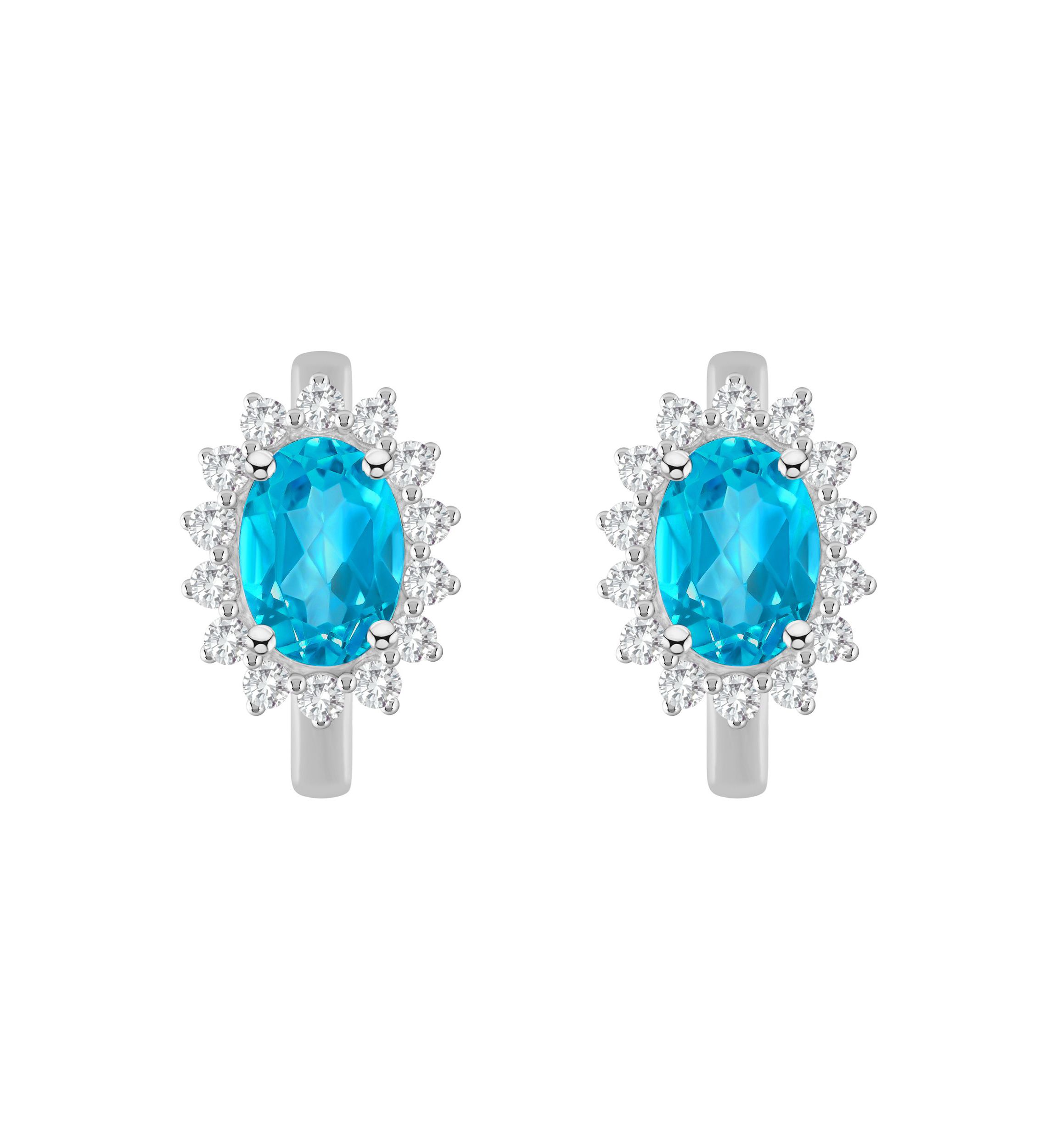 Sterling Silver 7x5mm Oval Blue Topaz and White Topaz Halo Huggie Hoop Earrings