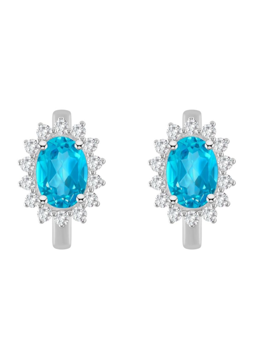 Sterling Silver 7x5mm Oval Blue Topaz and White Topaz Halo Huggie Hoop Earrings