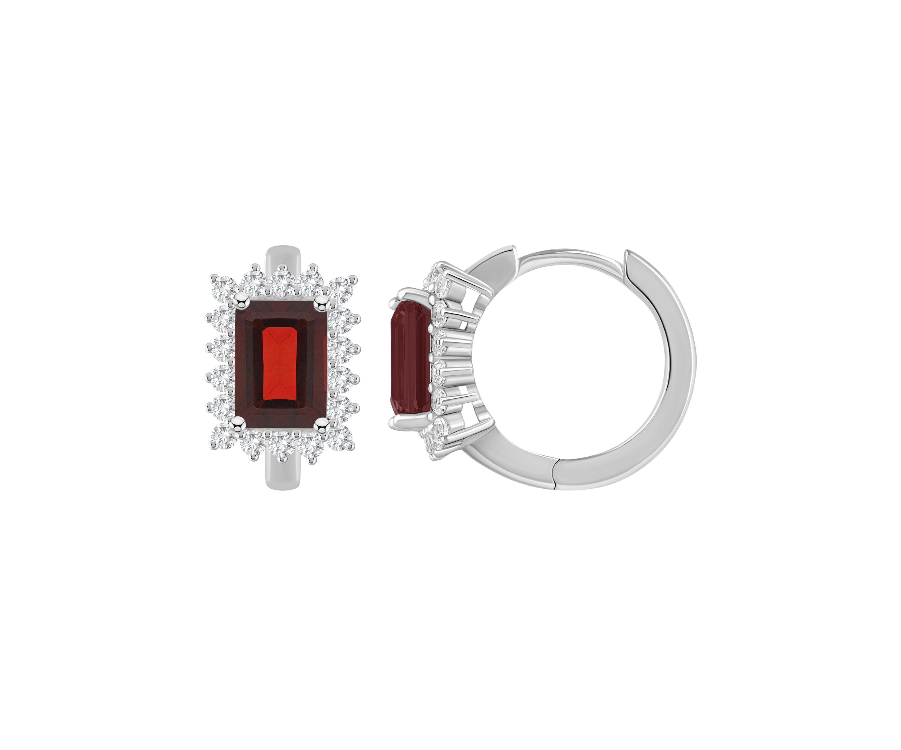 Sterling Silver 7x5mm Emerald Cut Garnet and White Topaz Halo Huggie Hoop Earrings