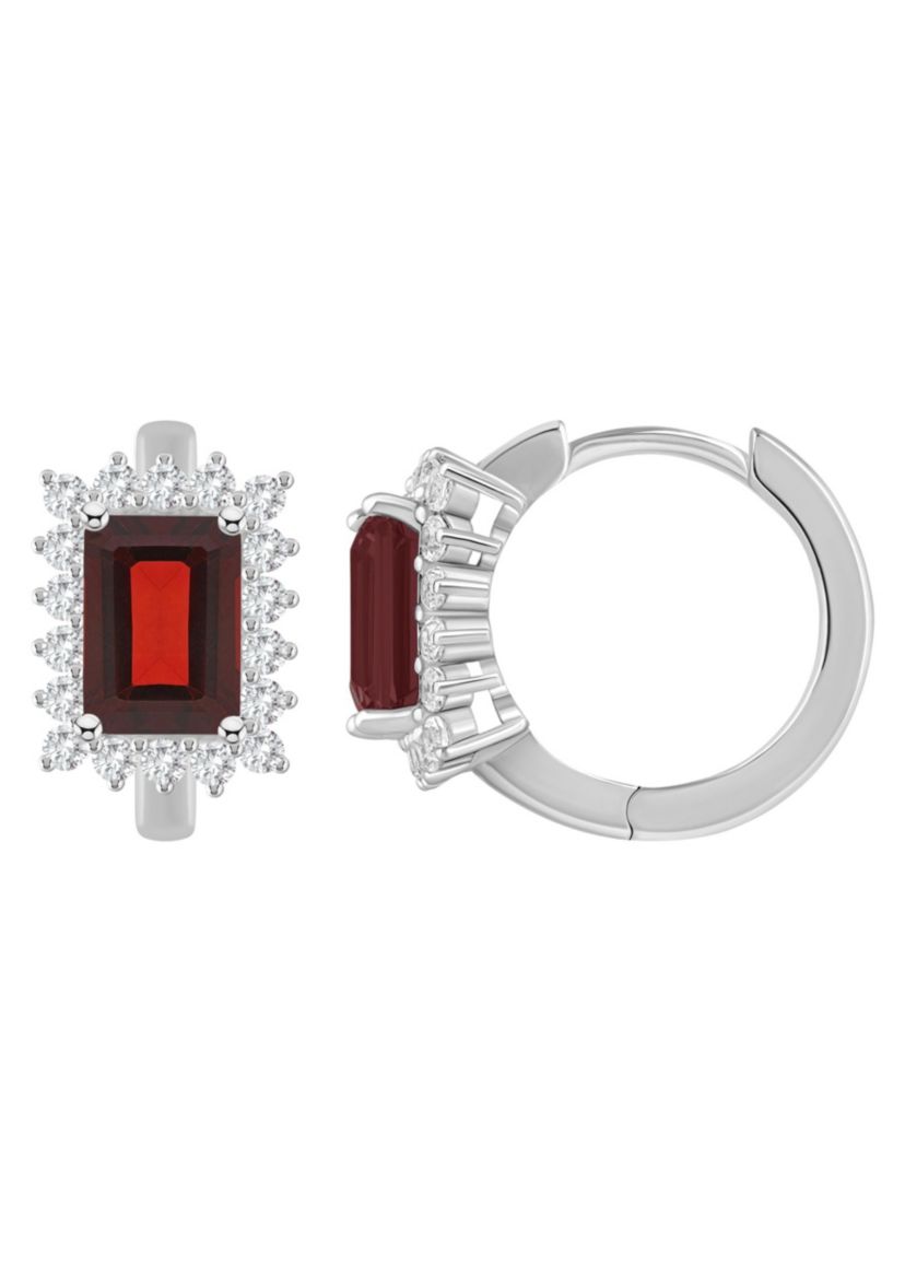 Sterling Silver 7x5mm Emerald Cut Garnet and White Topaz Halo Huggie Hoop Earrings