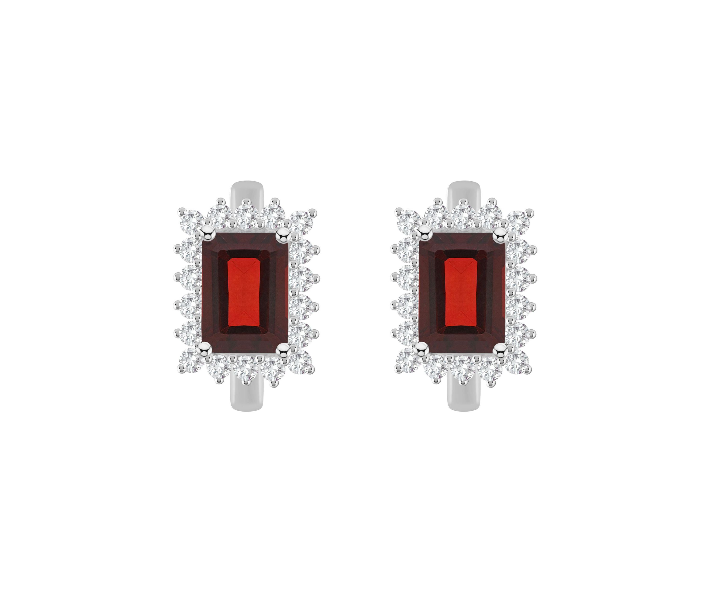 Sterling Silver 7x5mm Emerald Cut Garnet and White Topaz Halo Huggie Hoop Earrings