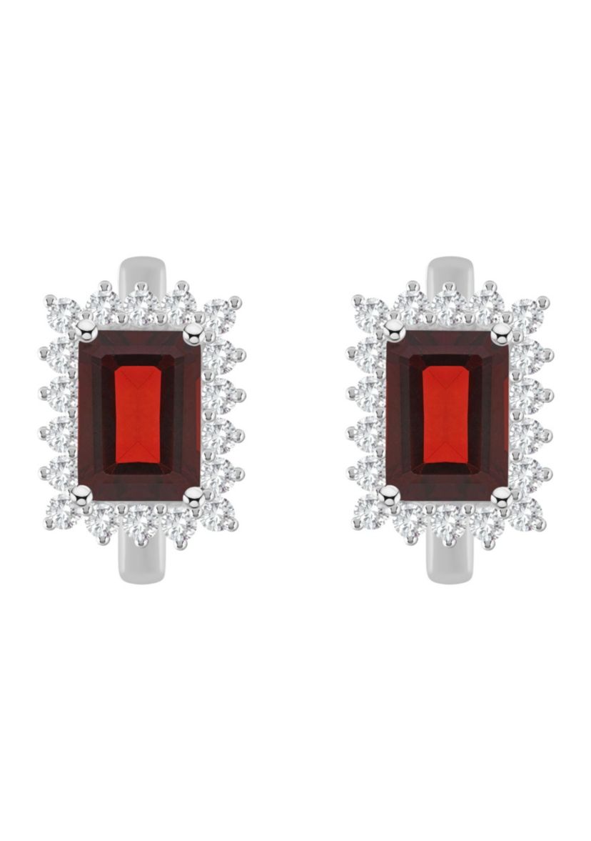 Sterling Silver 7x5mm Emerald Cut Garnet and White Topaz Halo Huggie Hoop Earrings