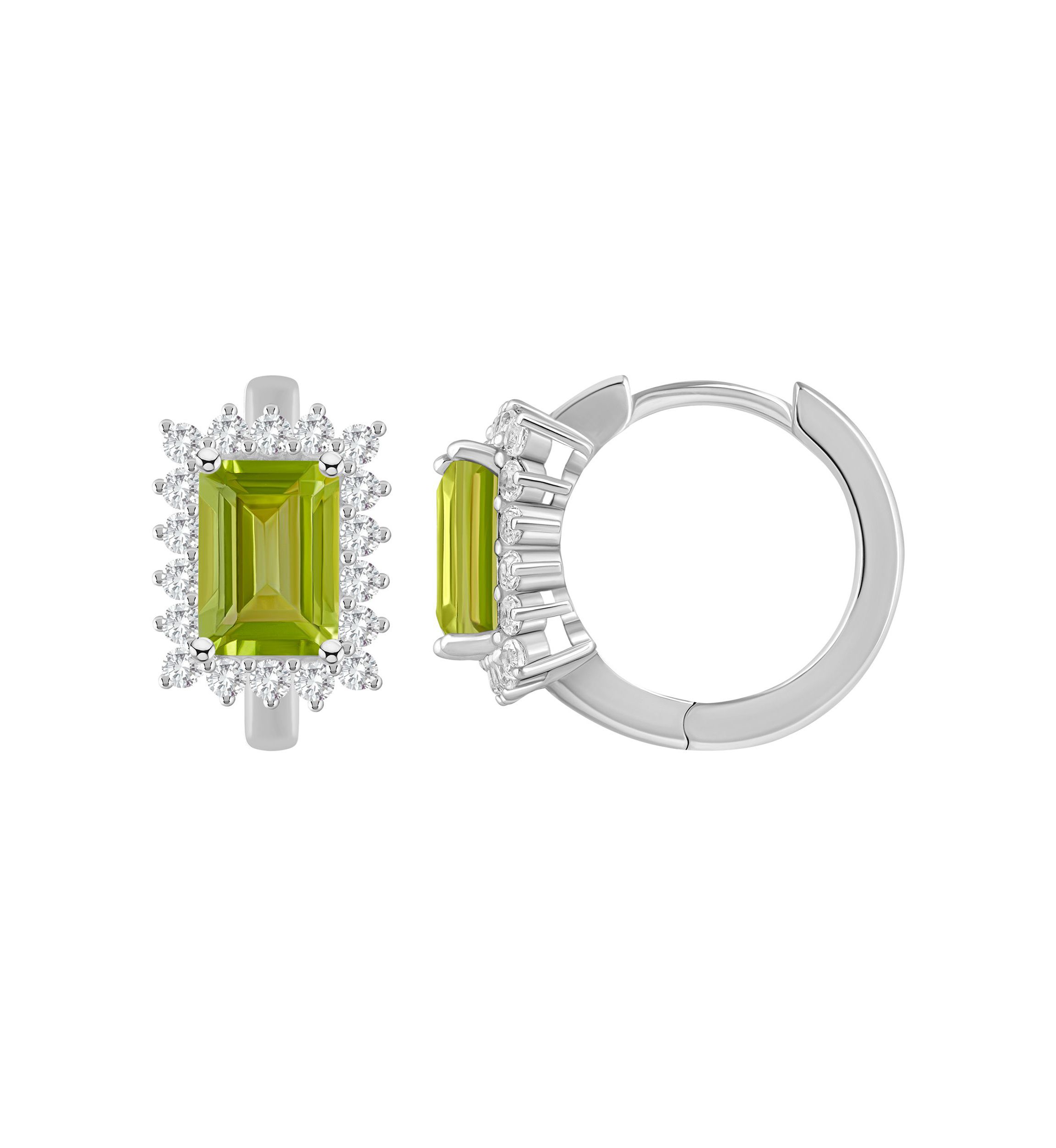Sterling Silver 7x5mm Emerald Cut Peridot and White Topaz Halo Huggie Hoop Earrings