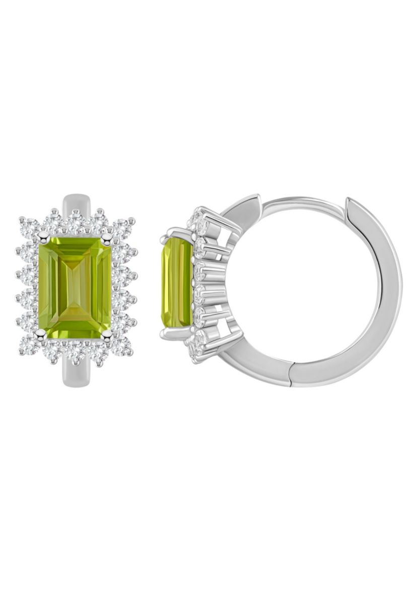 Sterling Silver 7x5mm Emerald Cut Peridot and White Topaz Halo Huggie Hoop Earrings