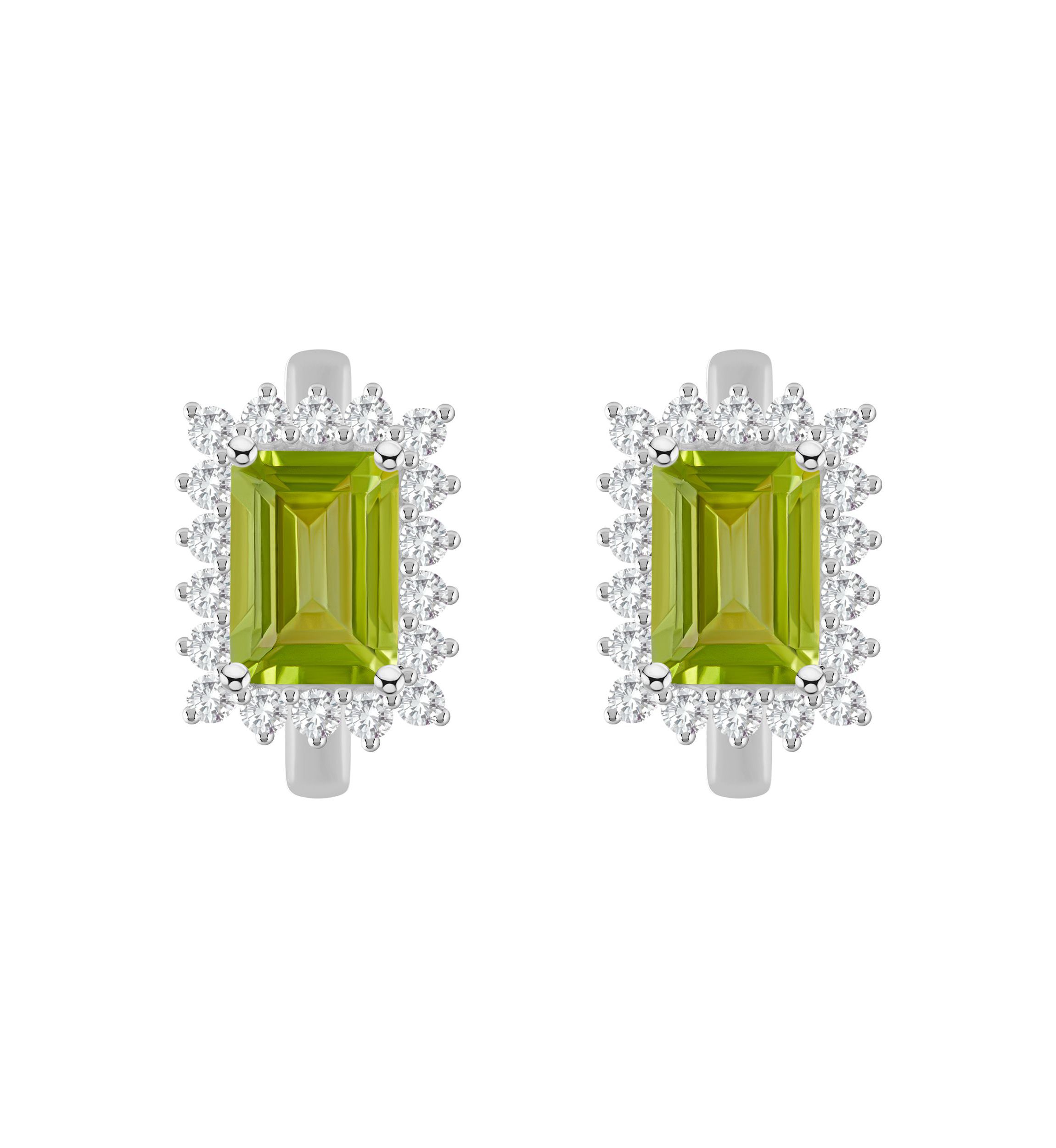 Sterling Silver 7x5mm Emerald Cut Peridot and White Topaz Halo Huggie Hoop Earrings